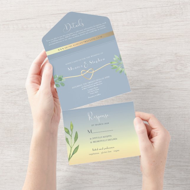 Dusty Blue Romantic Botanical Wedding All In One Invitation (Tearaway)
