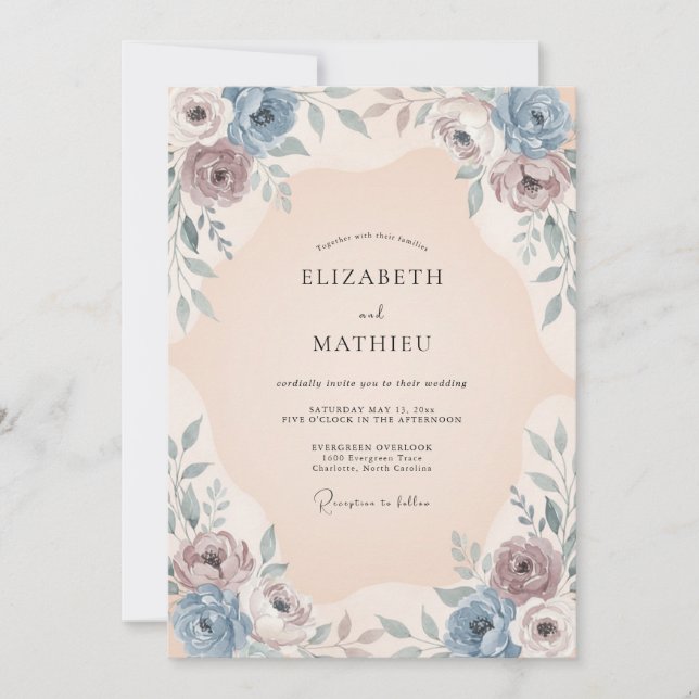 Dusty Blue Romantic Botanical Wedding Invitation (Front)