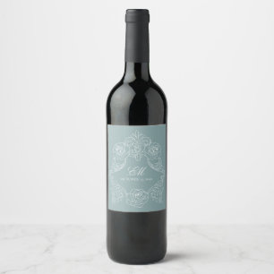 Dusty Blue Romantic Crest Monogram Wine Label