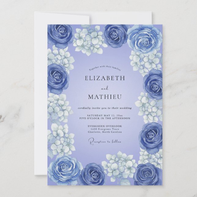Dusty Blue Romantic Floral Bloom Wedding Invitation (Front)