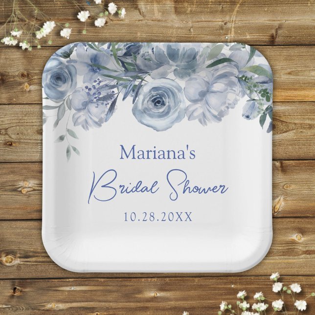 Dusty Blue Romantic Floral Bridal Shower Paper Plate (Creator Uploaded)