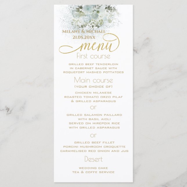 Dusty blue romantic floral gold calligraphy menu (Front)