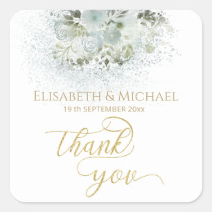 Dusty blue romantic floral gold calligraphy square sticker
