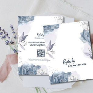 Dusty Blue Romantic Floral QR Code Wedding RSVP Card