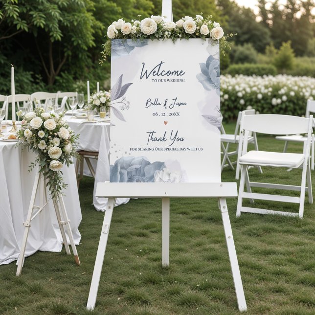Dusty Blue Romantic Floral Wedding Welcome Poster (Dusty Blue Romantic Floral Wedding Welcome Sign | Elegant Wedding Entrance Poster )