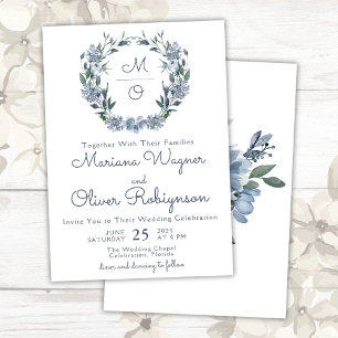 Dusty Blue Romantic Floral Wreath Wedding Invitation