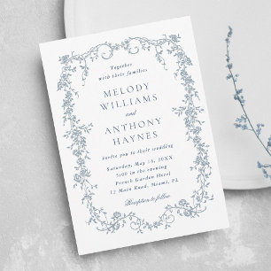 Dusty Blue Romantic French Floral Wedding  Invitation