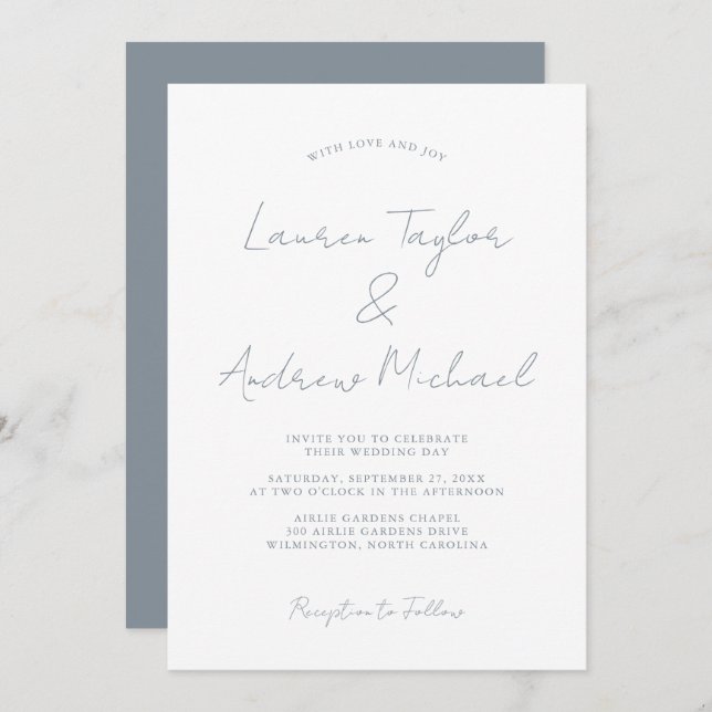 Dusty Blue Romantic Modern Wedding Invitation (Front/Back)