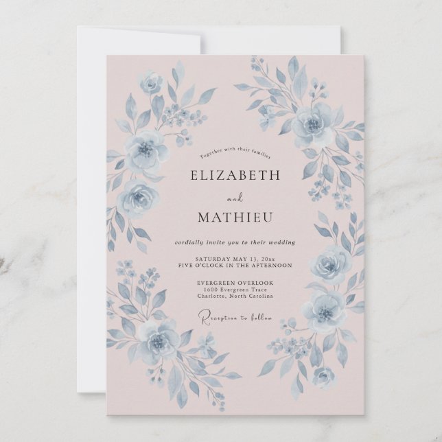 Dusty Blue Romantic Peony Wedding Invitation (Front)