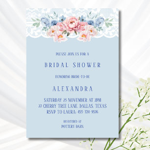 Dusty Blue Romantic Pink Floral Lace Bridal Shower Invitation