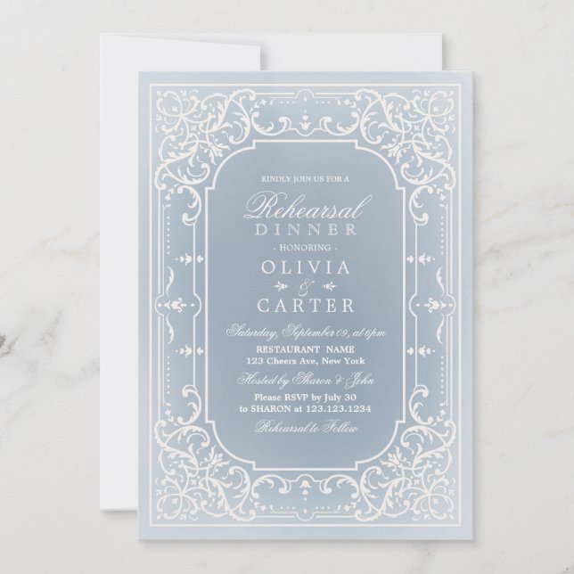 Dusty blue romantic vintage rehearsal dinner invitation (Front)