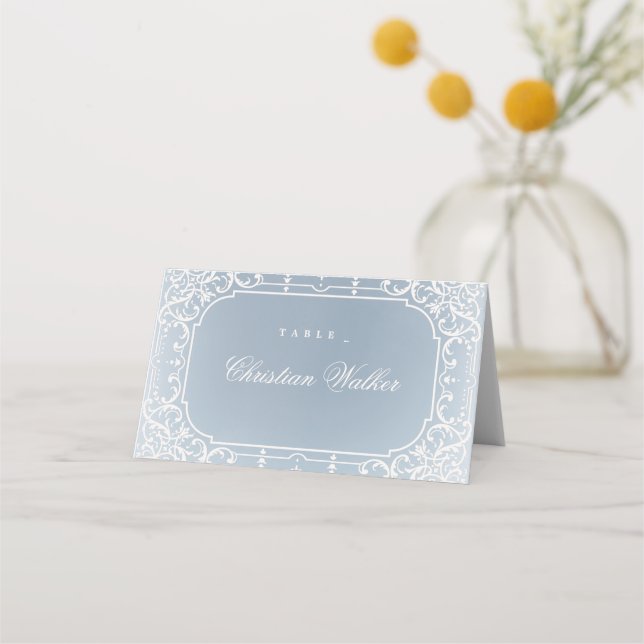 Dusty blue romantic vintage wedding place cards (Front)