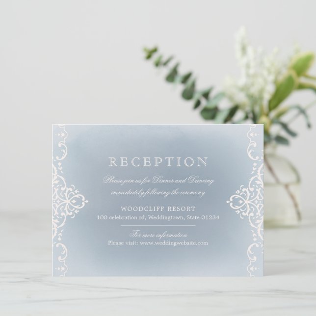 Dusty blue romantic vintage wedding reception invitation (Standing Front)