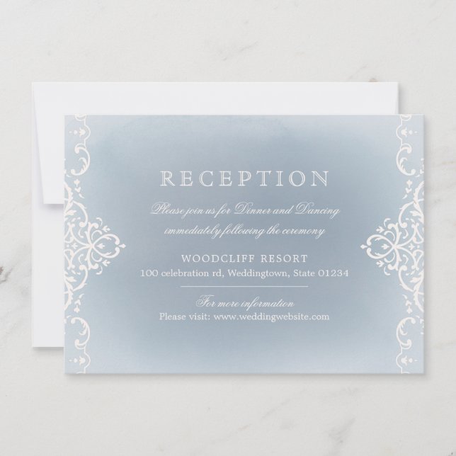 Dusty blue romantic vintage wedding reception invitation (Front)