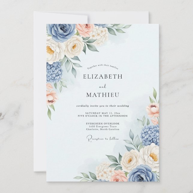 Dusty Blue Romantic Watercolor Wedding Invitation (Front)