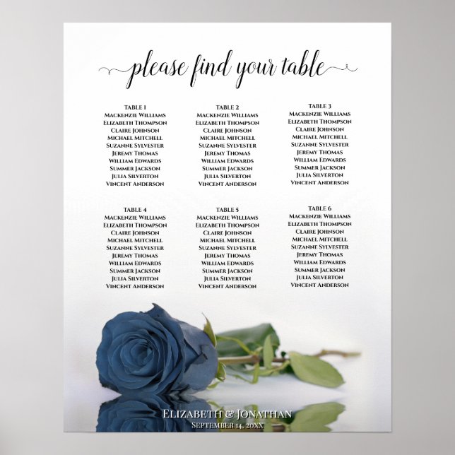Dusty Blue Rose 6 Table Wedding Seating Chart (Front)