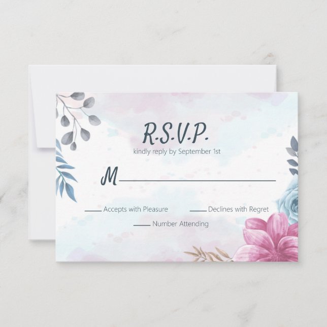 Dusty Blue Rose and Pink Floral RSVP Card (Front)
