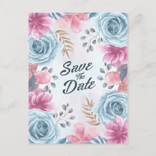 Dusty Blue Rose and Pink Floral Save the Date Postcard