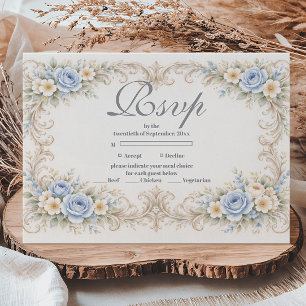 Dusty Blue Rose Baroque Quinceañera RSVP Card