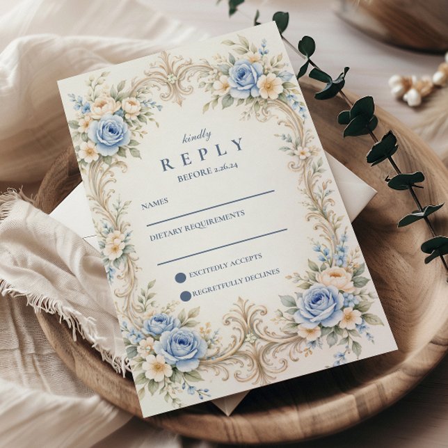 Dusty Blue Rose Baroque Wedding RSVP Card (Creator Uploaded)