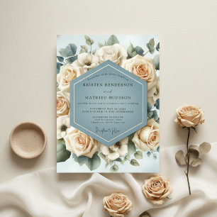 Dusty Blue Rose Bloom Wedding Invitation