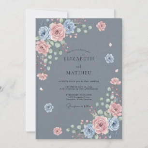 Dusty Blue Rose Blossom Wedding Invitation