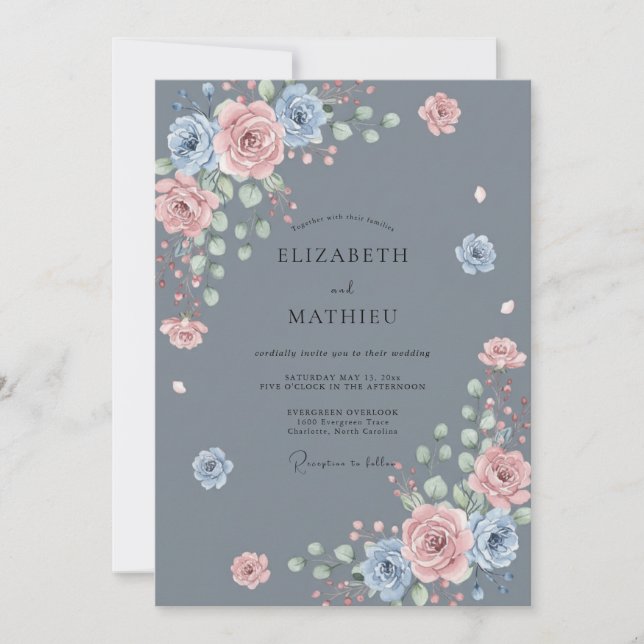Dusty Blue Rose Blossom Wedding Invitation (Front)