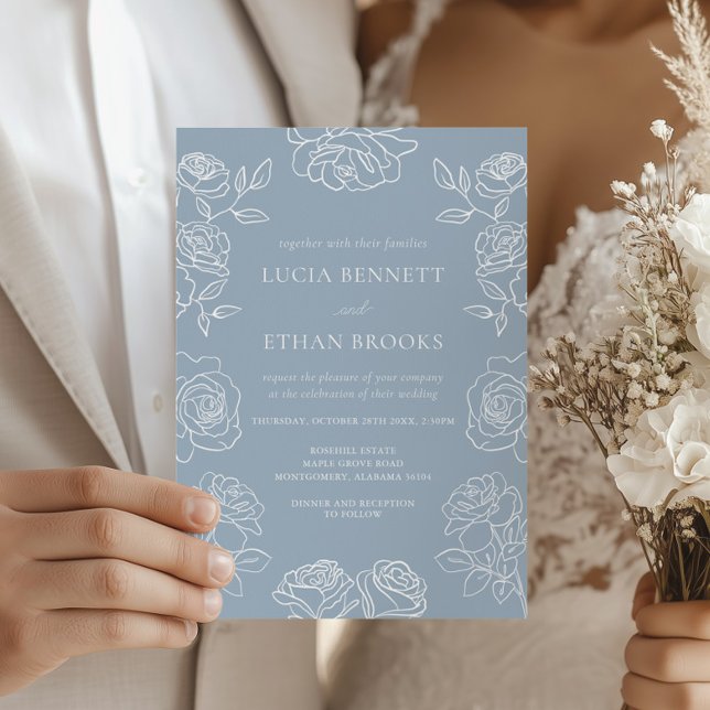Dusty Blue Rose Elegant Botanical Wedding Invitation (Creator Uploaded)