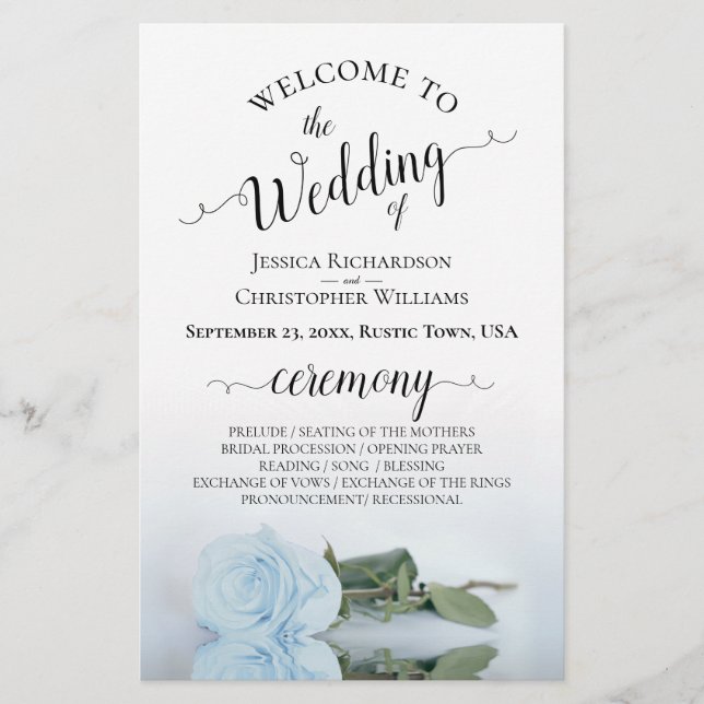 Dusty Blue Rose Elegant Budget Wedding Program (Front)
