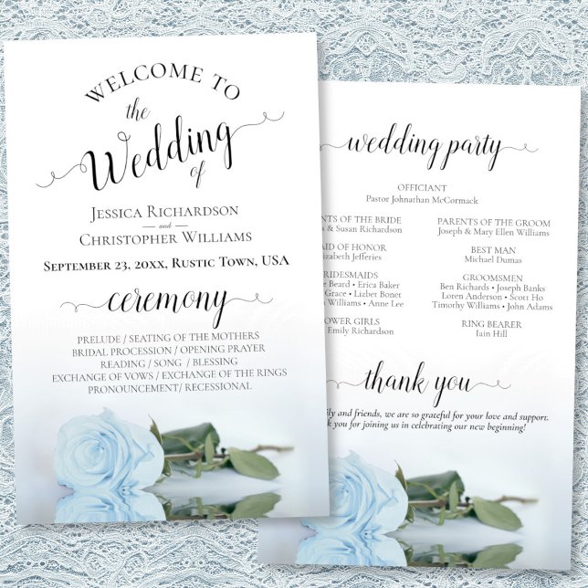 Dusty Blue Rose Elegant Budget Wedding Program (Front/Back)