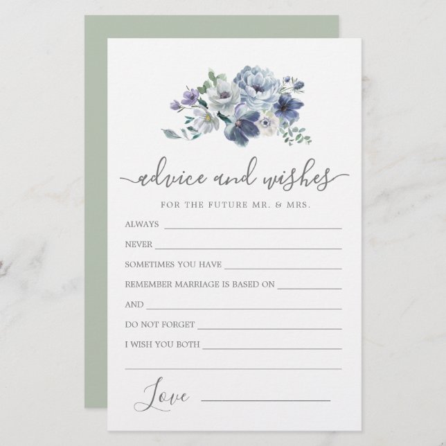 Dusty Blue Rose Floral Advice and Wishes Card (Front/Back)