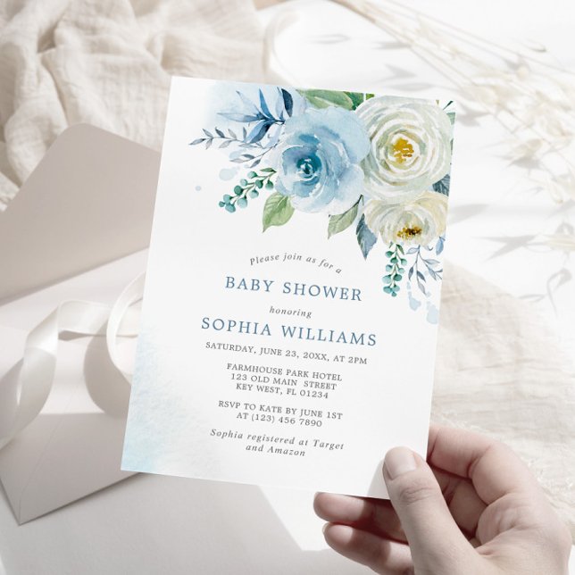 Dusty Blue Rose Floral Baby Shower Invitation (Creator Uploaded)