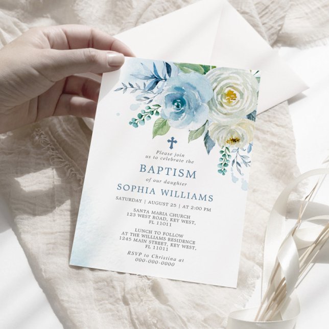 Dusty Blue Rose Floral Baptism Invitation (Creator Uploaded)
