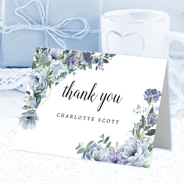 Dusty Blue Rose Floral Bridal Shower Photo Thank You Card (Creator Uploaded)