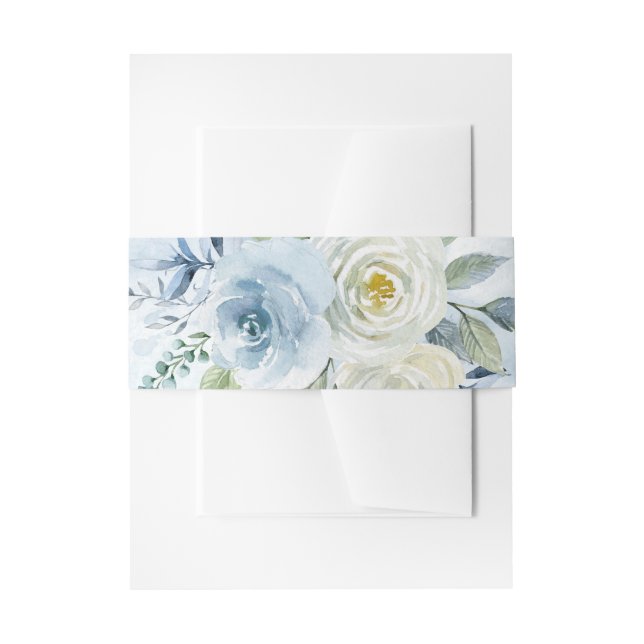 Dusty Blue Rose Floral Invitation Belly Band (Front Example)