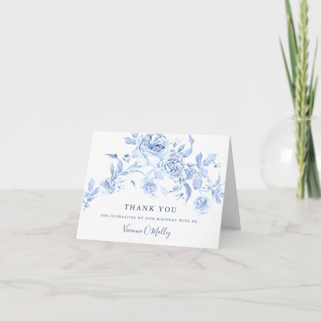 Dusty Blue Rose Floral Photo Inside 90th Birthday Thank You Card (Front)
