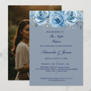 Dusty Blue Rose Floral Photo Rehearsal Dinner Invitation