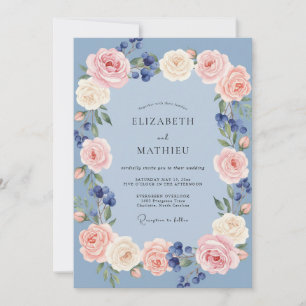 Dusty Blue Rose Garland Wedding Invitation