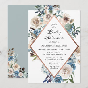 Dusty Blue Rose Gold Baby Shower Invitation