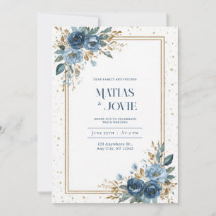 Dusty Blue Rose & Gold Botanical Wedding  Invitation