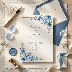 Dusty Blue Rose Gold Double Frame Wedding Invitation