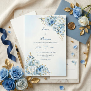 Dusty Blue Rose Gold Double Frame Wedding Invitation