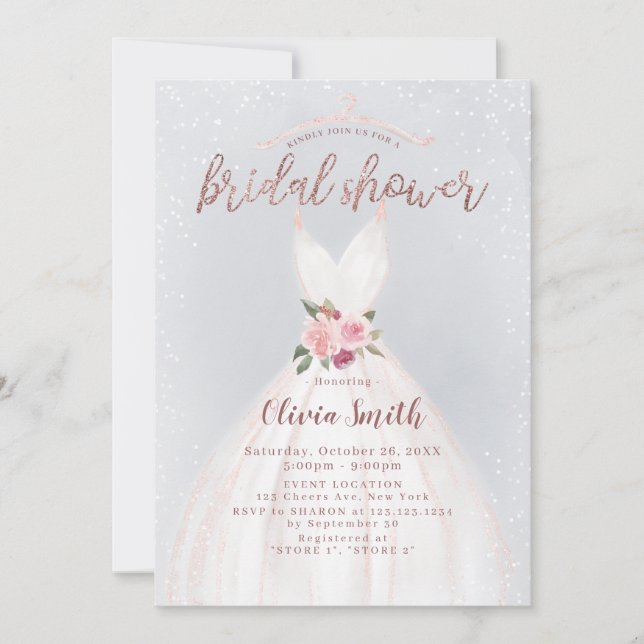 Dusty Blue Rose Gold Elegant Dress Bridal Shower Invitation (Front)