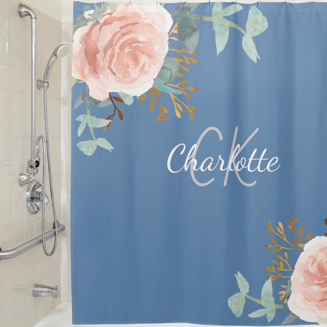 Dusty blue rose gold floral greenery monogram name shower curtain (Creator Uploaded)