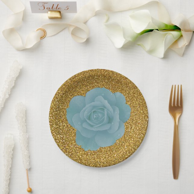 Dusty Blue Rose Gold Glitter Bridal Shower Wedding Paper Plate (Wedding)