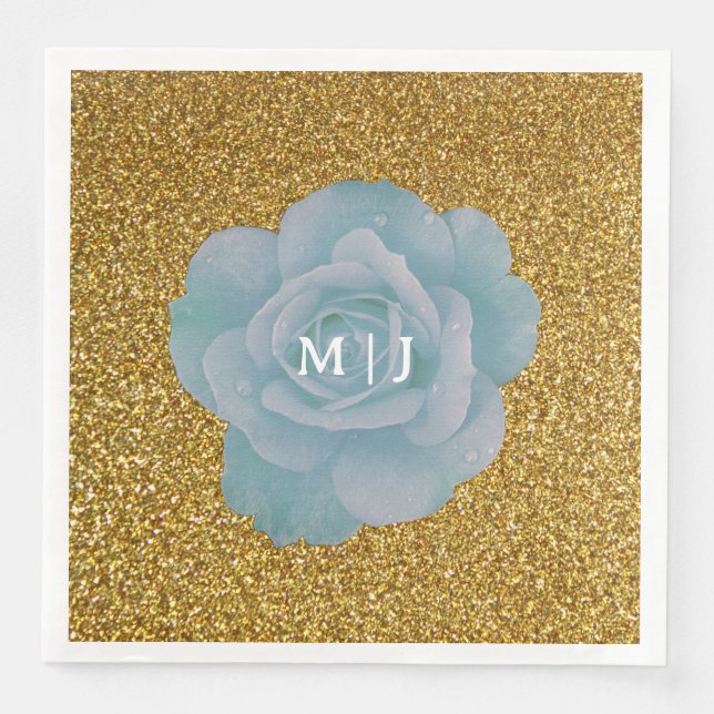 Dusty Blue Rose Gold Glitter Monograms Wedding Napkin (Front)