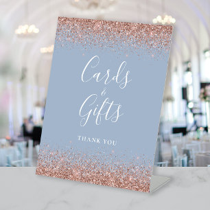 Dusty Blue Rose Gold Glitter Wedding Cards Gifts Pedestal Sign