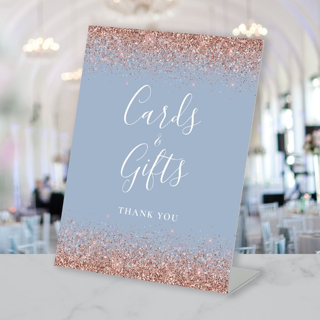 Dusty Blue Rose Gold Glitter Wedding Cards Gifts Pedestal Sign (Creator Uploaded)