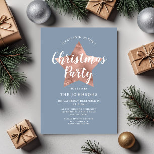 Dusty Blue Rose Gold Star Christmas Party Invitation