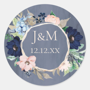 Dusty Blue Rose Gold Watercolor Floral Classic Round Sticker